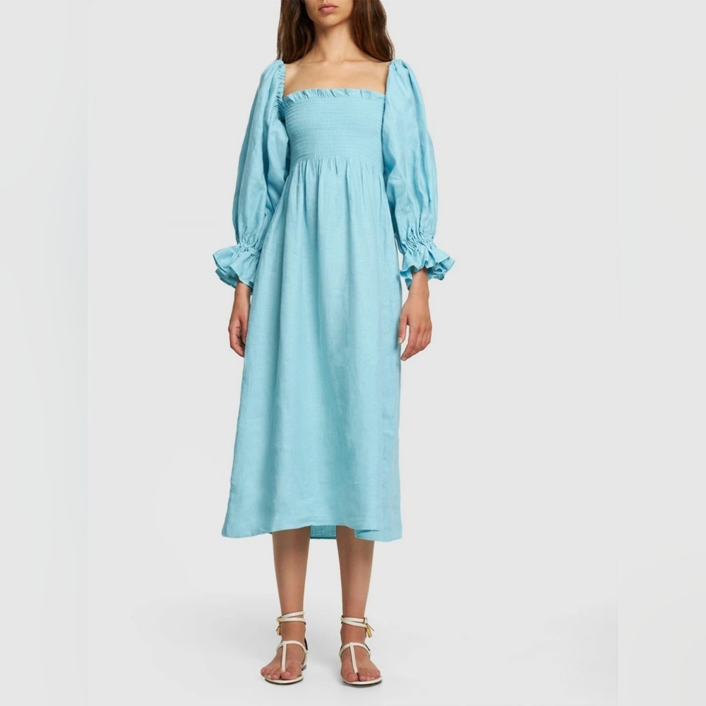 Sleeper 100% linen blue atlanta midi dress, xsmall